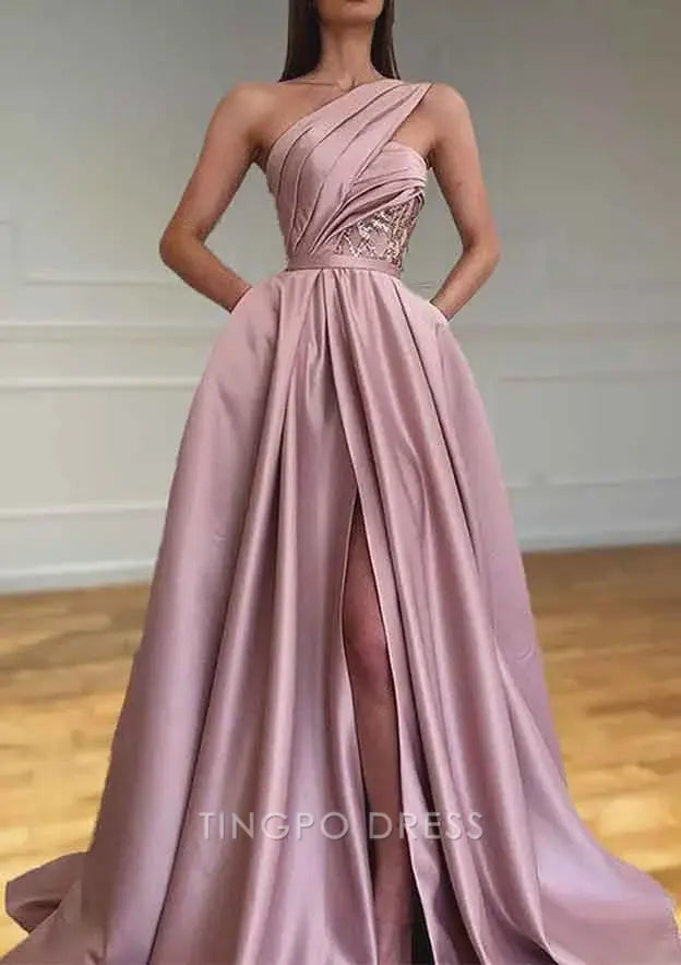 TingPo Wholesale Elegant A-line One-Shoulder Sleeveless Sweep Train Satin Prom Dresses With Split Pleated